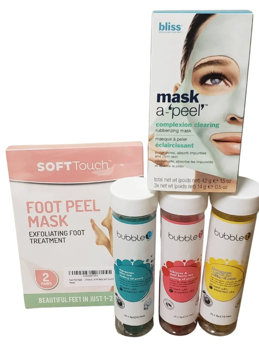 Spa Day Bundle: SoftTouch Foot Masks, Bliss Face Masks & Bubble T Bath Pearls